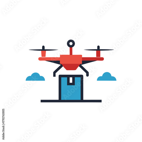 Red Drone Delivering a Blue Package with Clouds delivery shipping