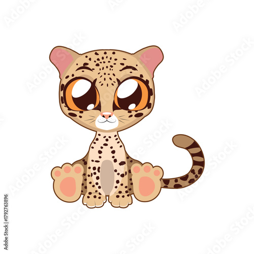 Cute little ocelot cub with big innocent eyes sitting playfully, a charming cartoon illustration