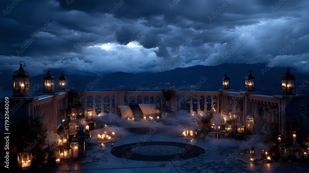 Naklejka premium Romantic terrace with lanterns and candles at night creating a cozy and magical atmosphere perfect for a special occasion or event