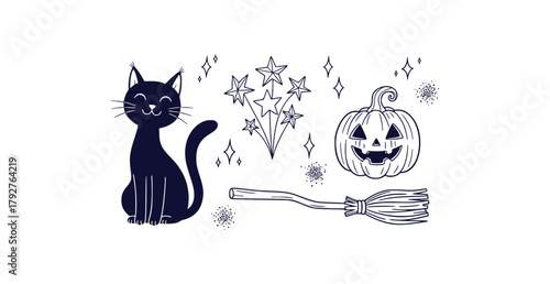 Cute halloween doodle set featuring a black cat pumpkin stars and broomstick with sparkles