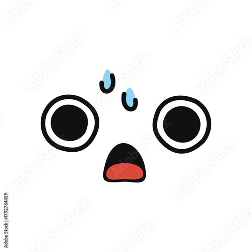 Cartoon emoji face with wide eyes and open mouth, sweating from shock, stress, or fear, isolated on white