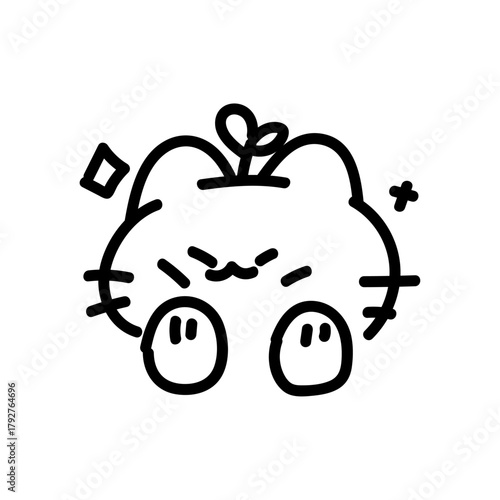 Cute Chubby Cat with Sprouts on Head and Sparkles, Whimsical Hand-Drawn Character Illustration
