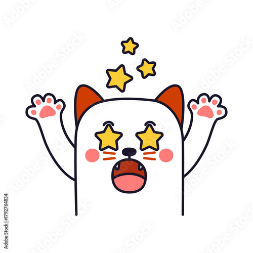 Cute Cartoon Cat With Stars in Eyes and Raised Paws, Expressing Excitement or Surprise