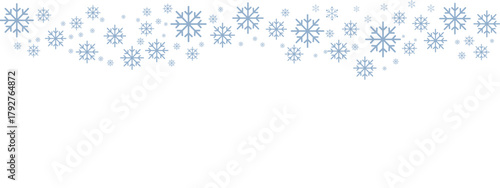 Winter snow border with pale blue snowflakes of varying sizes drifting down from the top edge against a clean white background. Minimalist, cold-toned design suitable for Christmas, New Year