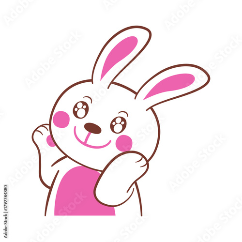 A cute and playful white rabbit with pink ears and cheeks, waving hello with a happy expression