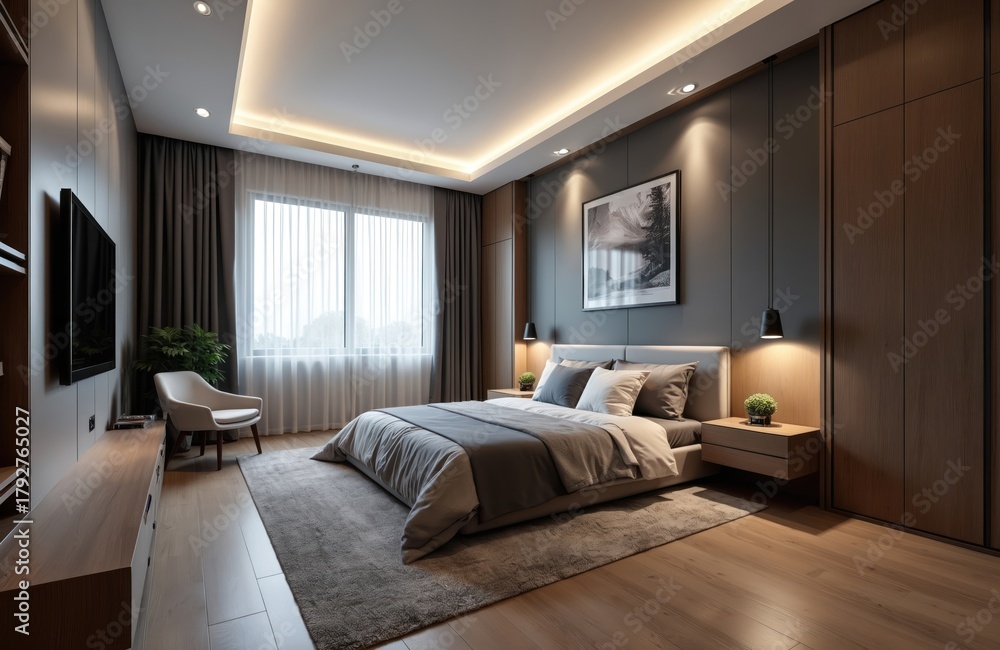 Fototapeta premium Modern bedroom interior with a large bed pillows and bedside tables. Room features natural light from window and tv. Neutral color palette and minimal decor create calming ambience for relaxation.
