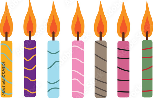Set of Six Burning Birthday Candles with Striped and Wavy Patterns in Various Colors
