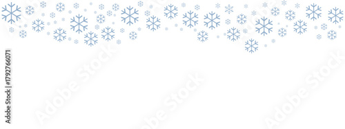 Winter snow border with pale blue snowflakes of varying sizes drifting down from the top edge against a clean white background. Minimalist, cold-toned design suitable for Christmas, New Year