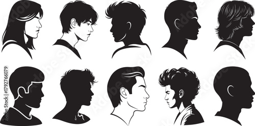 Profile hairstyle silhouette vector set including male and female head shapes with modern haircut and fashion style