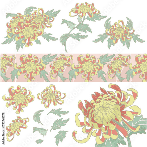 おめでたい赤と黄色の菊（フエゴ）のデコレーションパーツ