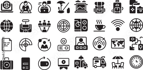 Remote Work and Digital Nomad Lifestyle Icon Set Vector