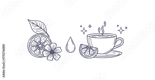 Refreshing spa elements with tea cup lemon flower leaf water drop and sparkles for wellness and detox themes