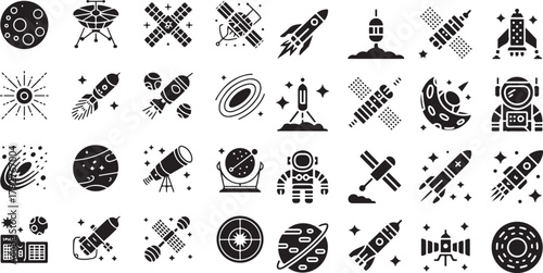 Space Exploration and Satellite Technology Galaxy Icon Set Vector