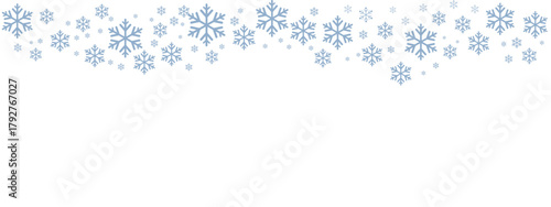 Winter snow border with pale blue snowflakes of varying sizes drifting down from the top edge against a clean white background. Minimalist, cold-toned design suitable for Christmas, New Year