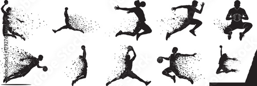 Basketball player dispersion silhouette vector set showing jump, dunk, motion, and explosive athletic movement forms