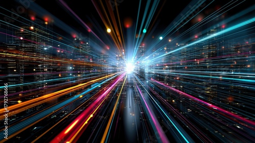 A Vibrant Digital Cityscape with Radiant Light Beams and Abstract Lines Creating a Dynamic and Futuristic Atmosphere