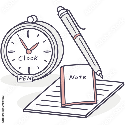 A clock, pen, and notebook for taking notes