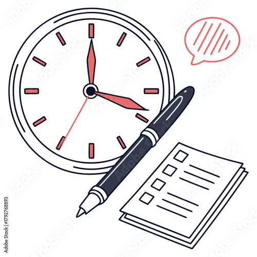 A clock, pen, and checklist for task management