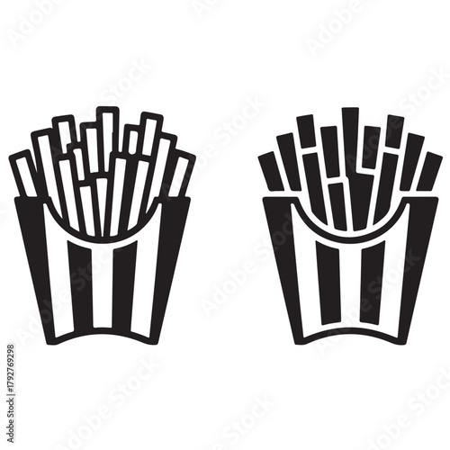 French fries icon set in black and white striped containers