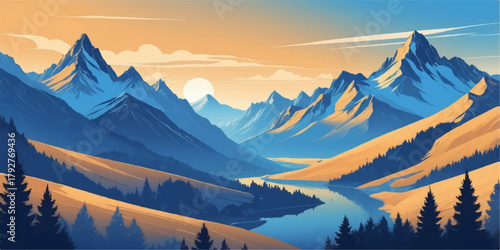 Golden sunrise light shining over tranquil mountain valley, warm orange hills glowing under soft blue sky with pine forest shadows.