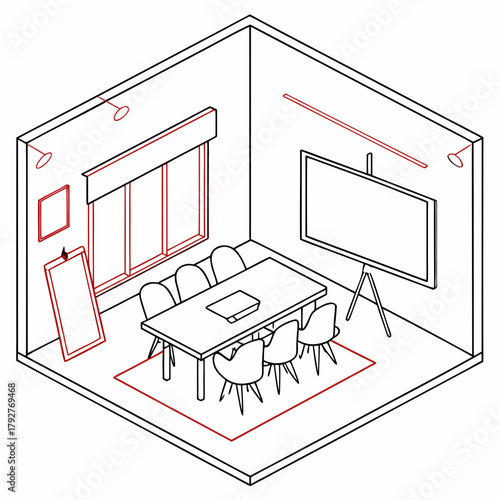 Isometric view of a conference room with table, chairs, and screen