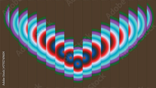 Abstract rainbow gradient circles with brown vertical slices illustrating wave interference