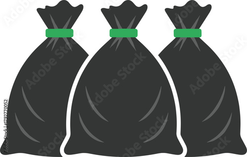 Vector Illustration of Three Black Garbage Bags, Tightly Tied Trash, Waste Disposal, and Refuse Recycling Icon