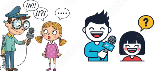 Cartoon kids interview scene with microphone, reporter asking questions, journalism illustration, communication learning, news reporting concept, media education for children