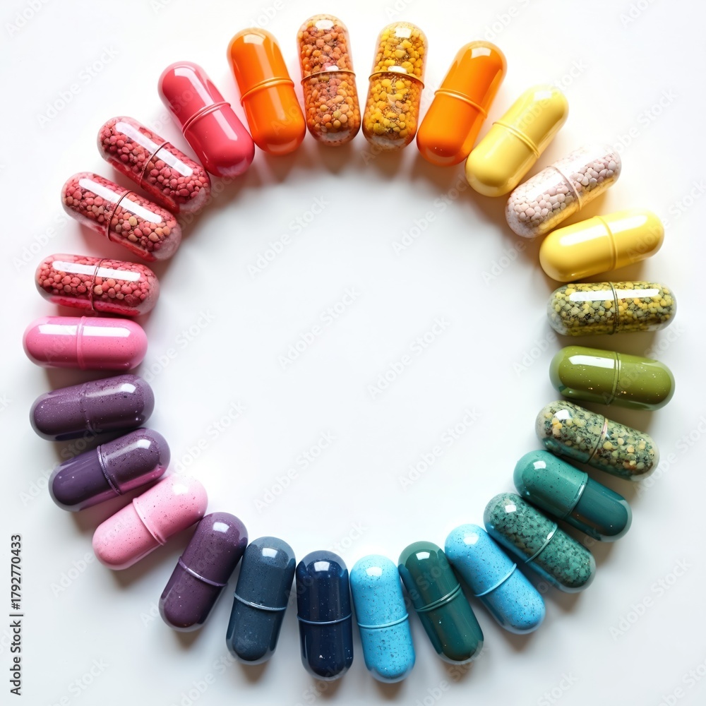 Obraz premium Colorful medicine capsules arranged in circle on white background. Variety of pills for medical treatment, therapy, or dietary supplements. Health and wellness concept.
