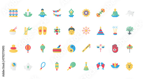 Thai temples and Buddha statue, holistic symbols of zen meditation, wellness and retreat, Buddhist and monk spiritual poses for spirit balance. Buddhism flat icons set vector illustration.