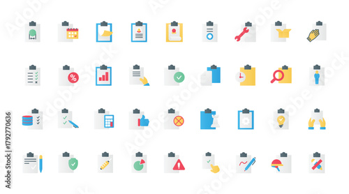 Task list and medical form, approved work project with tick, data record with pencil or pen, test questionnaire and contract. Documents on clipboards, flat icons set vector illustration.