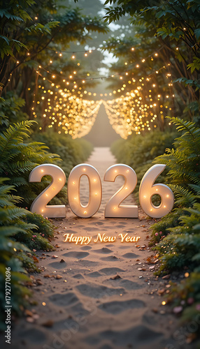 Magical forest path illuminated by 2026 numbers