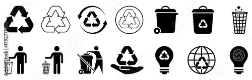 Recycling icon set for eco friendly projects. Recycling bin icons for eco projects. Clean environment recycling symbol icons. Teamwork icons for clean environment. Recycle symbol icons for project