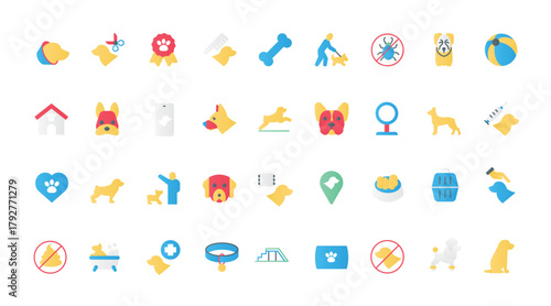 Pet food in bowl and toys, puppy paw and doghouse, service and assistance for dogs of different breeds and owners. Dog care, training, veterinary flat icons set vector illustration.