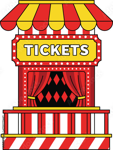 Cartoon Vector Carnival Ticket Booth, Circus Kiosk with Marquee Lights, Red and Yellow Striped Awning Graphic