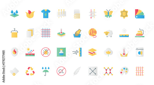Fabric features and properties flat icons set vector illustration. Symbols of leather and wool, cotton textile and feather, antibacterial and waterproof materials and layers.