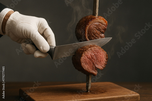 Carving Brazilian Steak on Skewer
