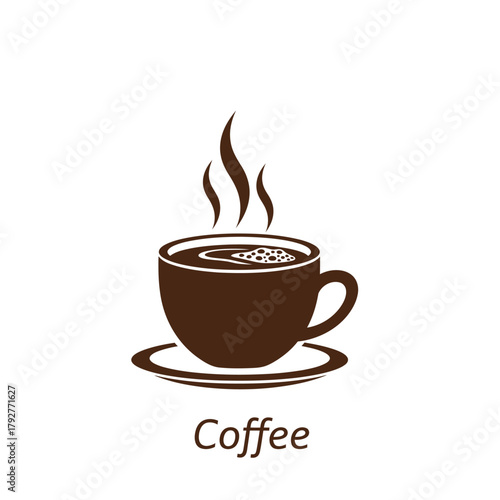 Single Vector Icons of A steaming cup of coffee on a saucer simple brown illustration. EPS Editable