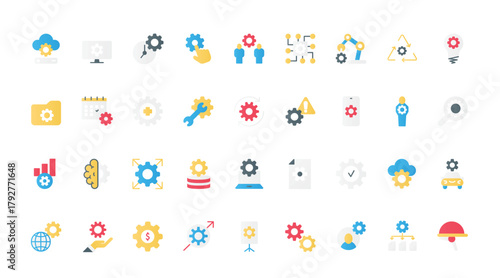 Gears, operations of repair and maintenance system flat icons set vector illustration. Cogwheels of mechanism and wrench, pictograms of control and update data, technical modification.