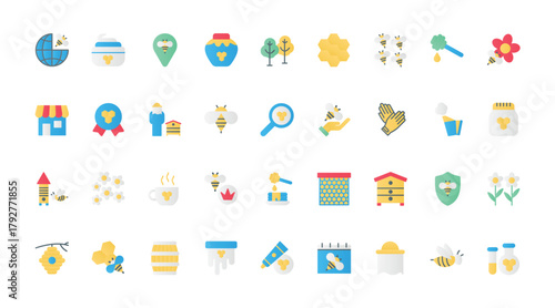 Honey, apiary and beekeeping flat icons set vector illustration. Symbols honey farm collection with propolis and pollen, sweet nectar of flower flavor and honeycomb, beekeeper and beehive.