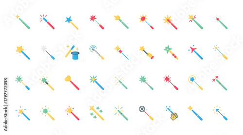 Magic wand flat icons set vector illustration. Pictograms of wizards hand and hat for illusion tricks with stars and sparkles effect, magician symbols of imagination and miracle.