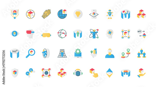 Metaverse flat icons set vector illustration. Pictograms of VR glasses for virtual world simulation with 360 round view, innovation headset for video game, blockchain and NFT symbols.