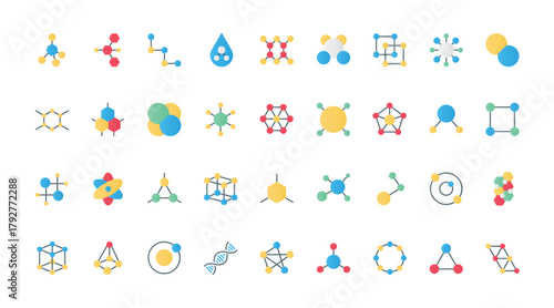 Molecules models flat icons set vector illustration. Symbols of different molecular structures with atoms in chain, chemical pictograms of substance for scientific medical research.