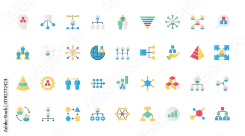 Chart organization flat icons set vector illustration. Hierarchy structure of corporate company department with employees workforce and director, organizational management flowchart.