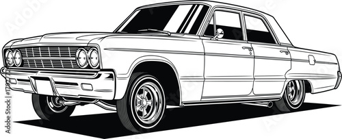 Detailed Vector Line Art of Vintage American Muscle Car, Classic Sedan, Black and White Automotive Illustration