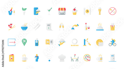 Restaurant flat icons set vector illustration. Pictograms of serving breakfast, lunch or dinner meal and coffee break, online order in smartphone app and food delivery, menu and payment.