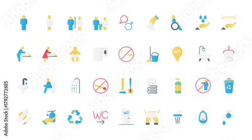 Restroom and toilet flat icons set vector illustration. Public WC and bathroom signage, gender pictogram, and accessibility for people in a wheelchair, symbols of paper towel and hygiene.
