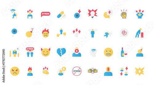 Stress flat icons set vector illustration. Symbols of anxiety and tiredness, hangover and work burnout, tired sick man with low battery, angry and nervous person with steam from head.