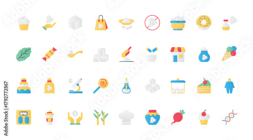 Sugar flat icons set vector illustration. Pictograms of brown or refined sugar products and sweetener, pile of cubes and open sachet pack with sand or powder, candy and cake for coffee.