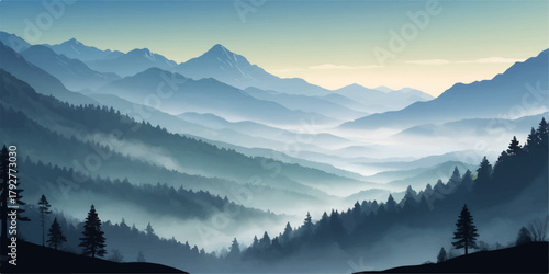 Layered mountain illustration with moody blue tones and floating mist, perfect for landscape artwork, travel themes, and atmospheric scenic visuals.